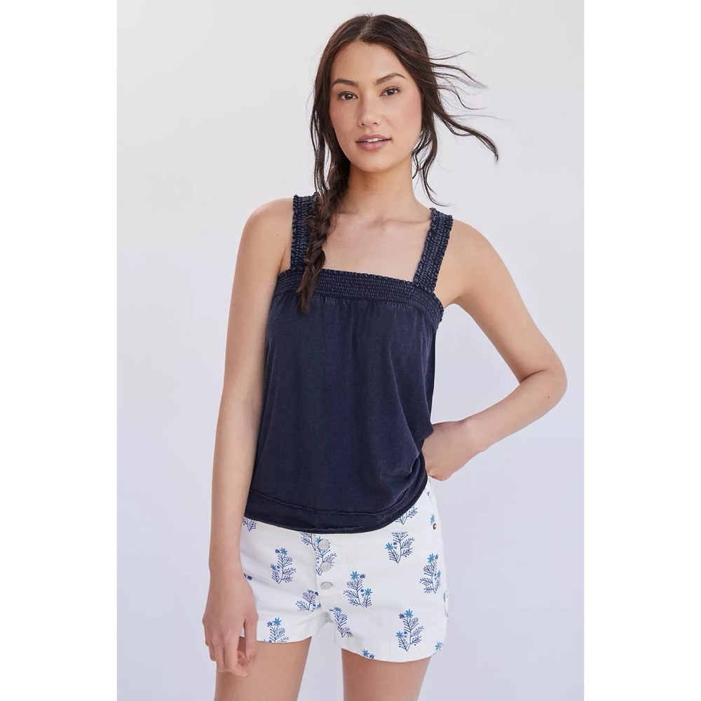 Anthropologie Pilcro Smocked Tank Top Washed Black Square Neck Pull Over Minimal